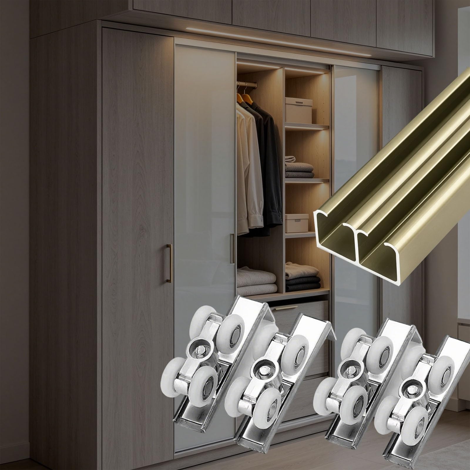 HDYZJQ Heavty Duty Double Sliding Door Track System with Smooth Rollers, 90 100 200 300 400 Cm Length Doors Rail for Patio/Garage, Box Rail Barn Door Hardware Kit(Champagne,170cm/66.9in)