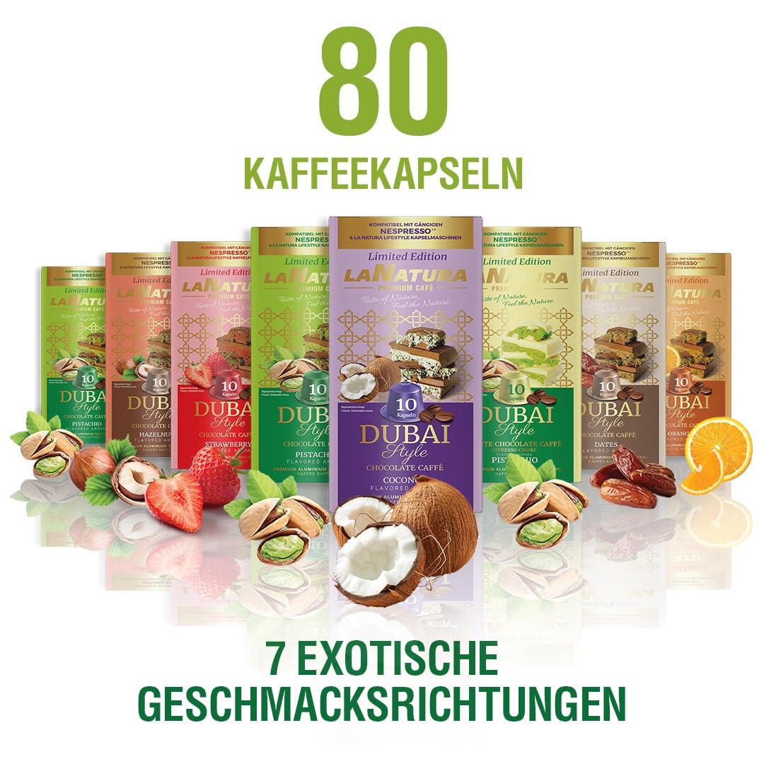 La Natura Lifestyle DUBAI Coffee Aroma Royal Mix – 80 Premium Aluminium Kaffeekapseln | 7 Sorten | Exklusive Aromavielfalt für Besondere Genussmomente | Kompatibel mit Nespresso®*-Maschinen