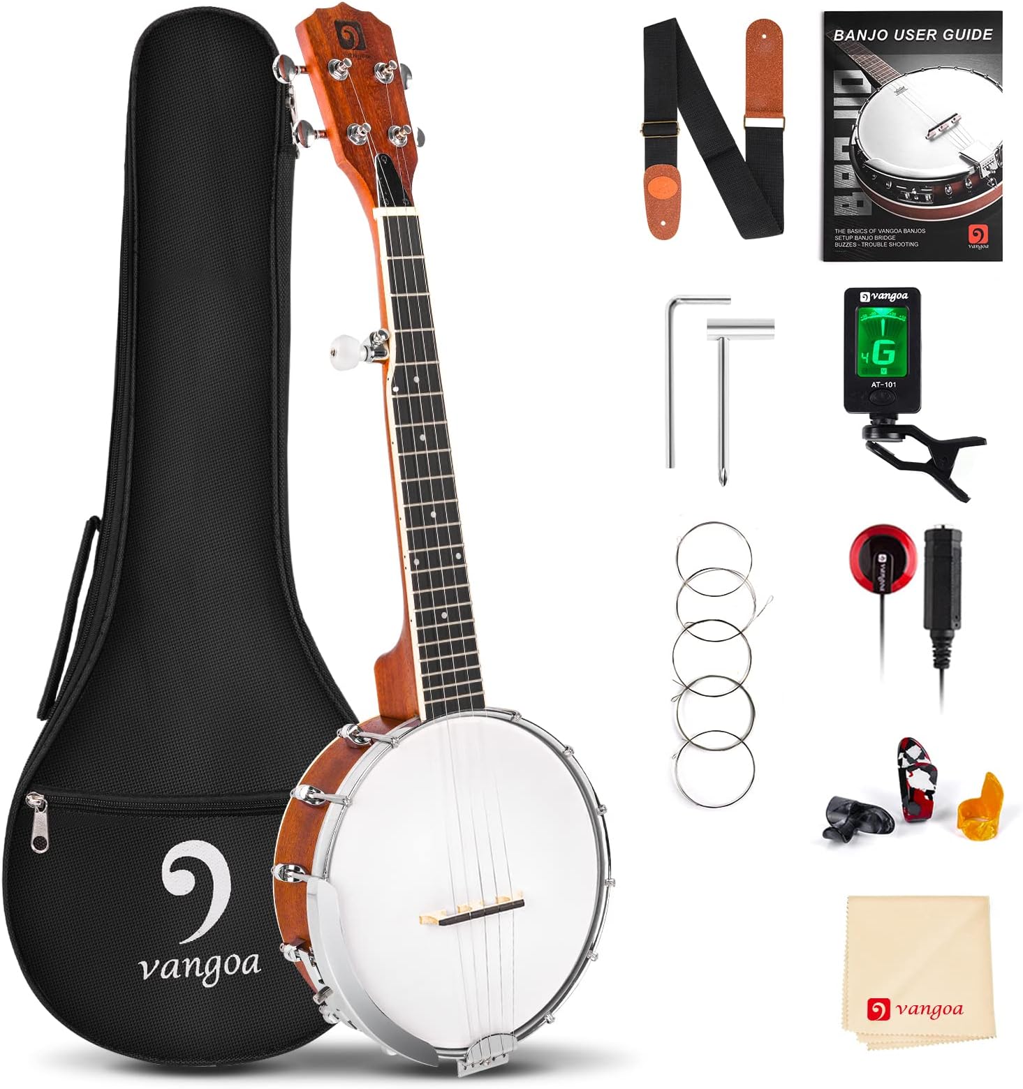 Vangoa Tenor Banjos, 5 String Closed Solid Back 26 inch MINI Banjo with Beginner Kits Gig Bag