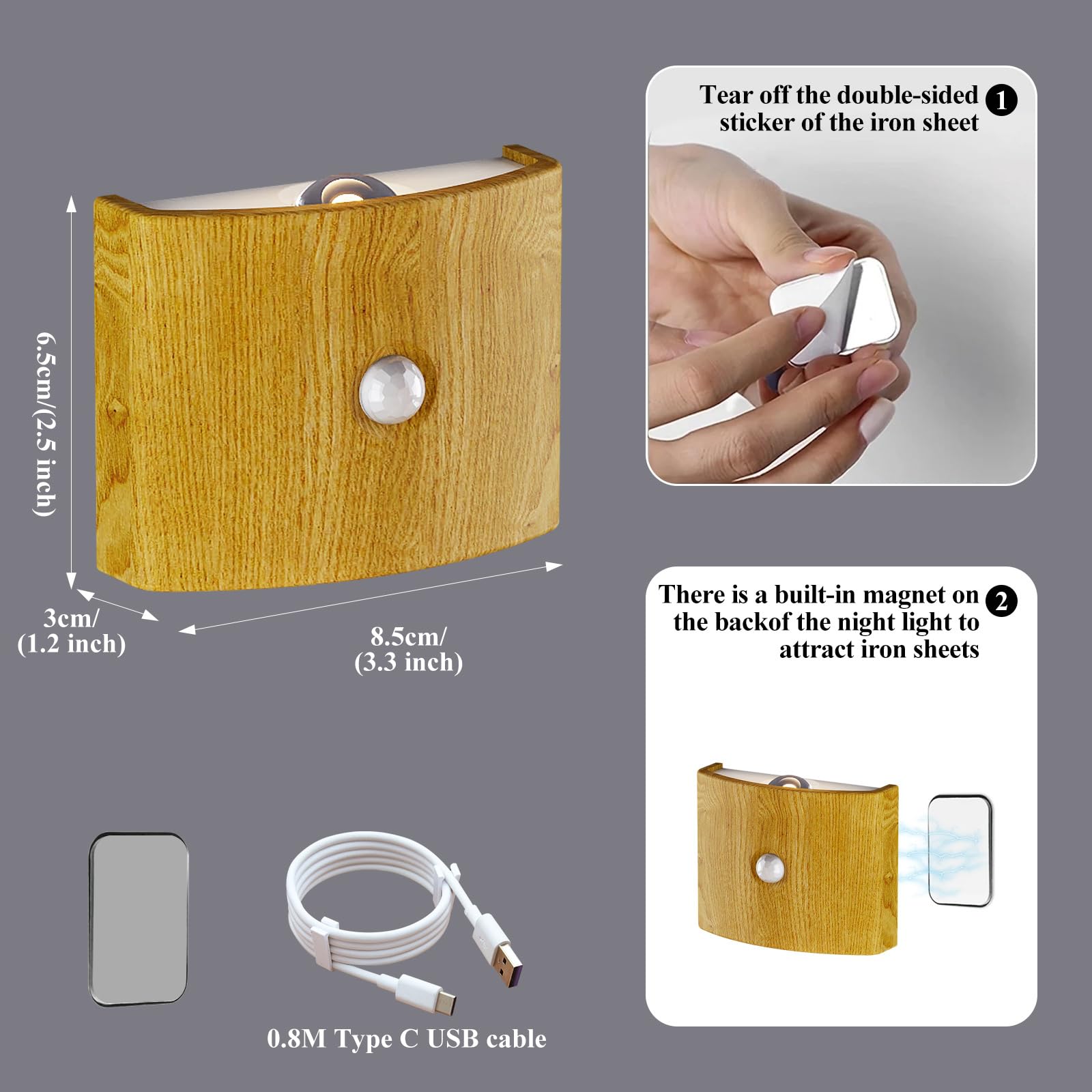 Confezione da 2 luci da Parete a Batteria con sensore di Movimento, Lampada LED per Interni, 3 Colori Verso l'Alto e Verso Il Basso, Illuminazione Wireless Ricaricabile Tramite USB