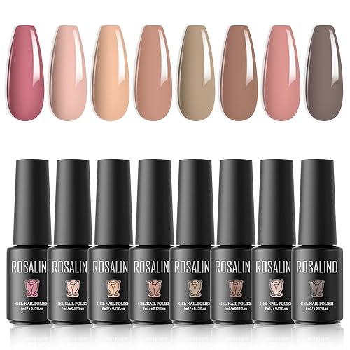 ROSALIND Juego de 8 esmaltes de gel color nude, juego de 8 esmaltes de uñas de gel rosa, tonos de piel, rosa, marrón, neutro, colección de gel para