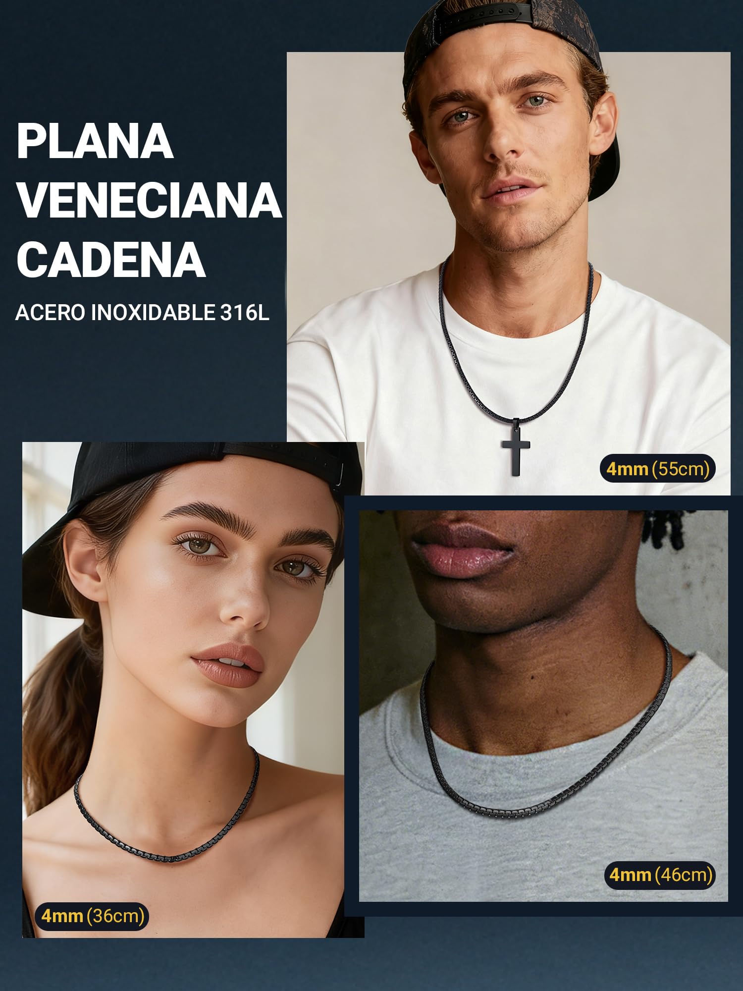 PROSTEEL Cadena Veneciana Plana Acero Inoxidable 2/4/6/8mm Ancho Collar Hombre Cadenas Eslabones Venecianos Planos Plateado/Dorado/Negro Joyas Hombres Mujeres 41cm-76cm