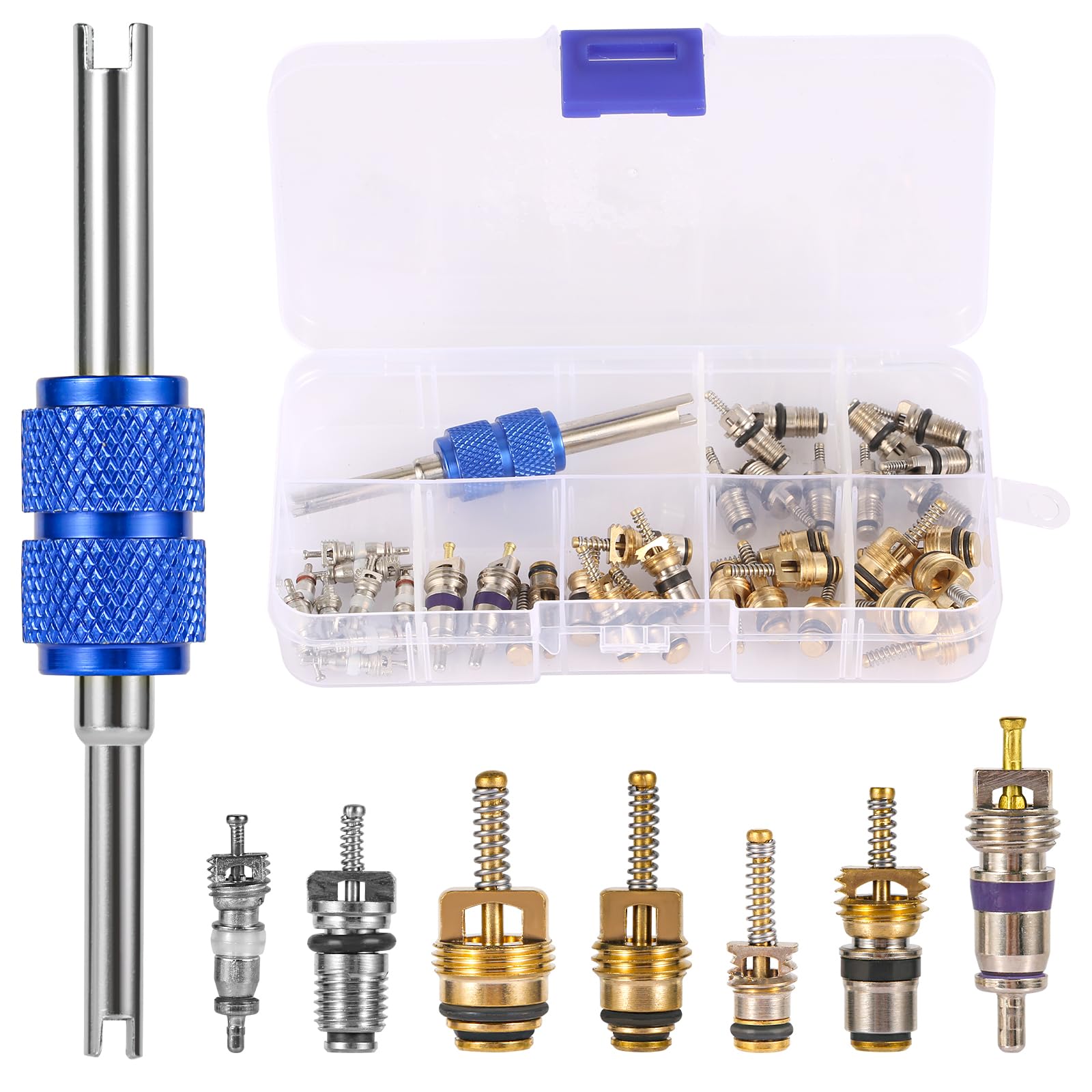 PEUTIER 40 Pzs Kit de Núcleo de Válvula de AC, Núcleo de Válvula de Aire Acondicionado de Coche con Herramienta de Desmontaje Kit de Válvula Schrader A/C R12 R134a para la Mayoría de los Coches