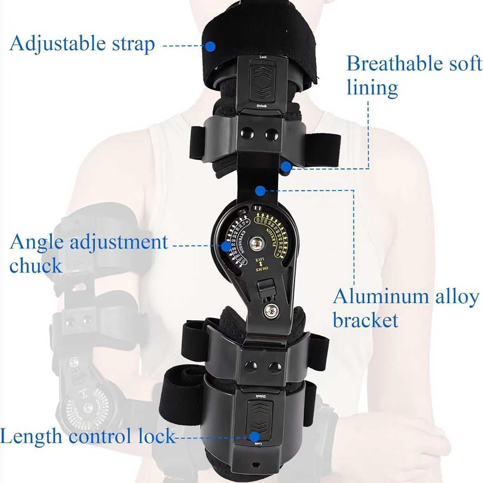 Attelle De Coude Postopératoire Articulée, Attelle De Bras Postopératoire Avec Stabilisateur D'élingue, Angle De Courbure 0-120 ° Et Longueur 35-43 Cm Réglable, Pour La Récupération Post-opératoire