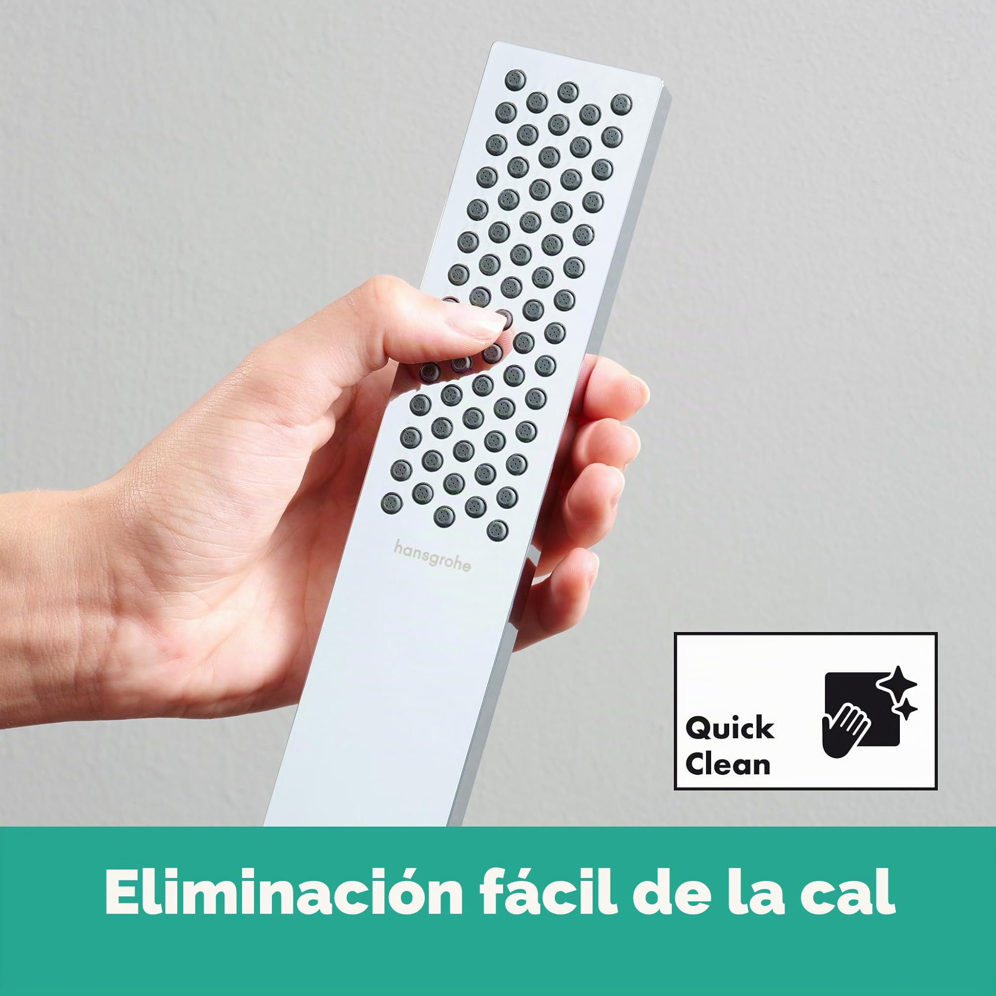 hansgrohe Pulsify E - ducha de mano ahorro de agua 9 l/min (EcoSmart), alcachofa de ducha con1 tipo de chorro, cabezal de ducha rectangular (100 x 25 mm), con sistema antical, cromo, 24320000