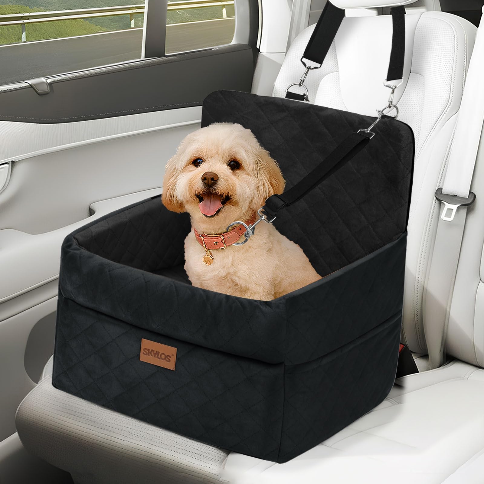 Small Dog Car Seat, Elevated Dog Booster Seat for Small/Medium Dogs Up to 16KG, Puppy Car Bed with Thick Cushion, Washable Pet Travel Carrier Bed with Detachable Cover and Storage Pockets (Black)