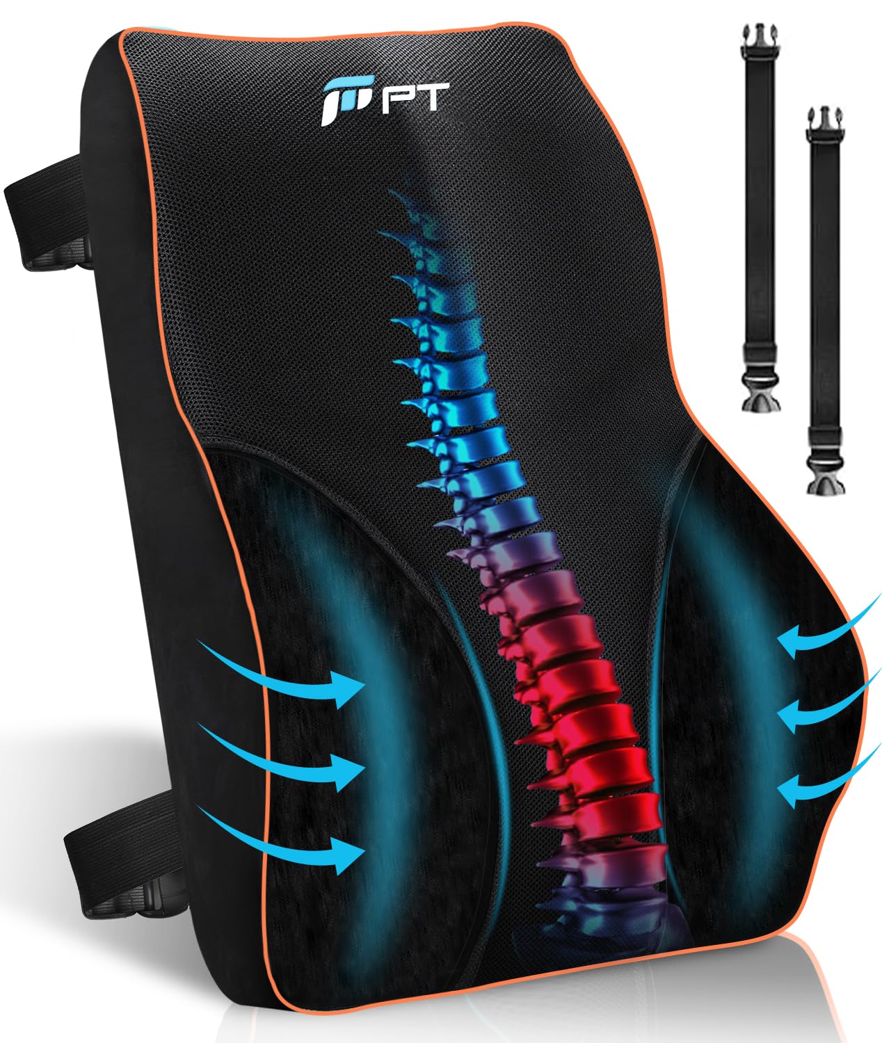 POOTACK Cojín de Soporte Lumbar Ergonómico, Cojín Lumbar de Memoria para Oficina, Coche, Apoye Cómodamente La Espalda para Liberar estrés, Cojín Lumbar con Ajustables Dobles