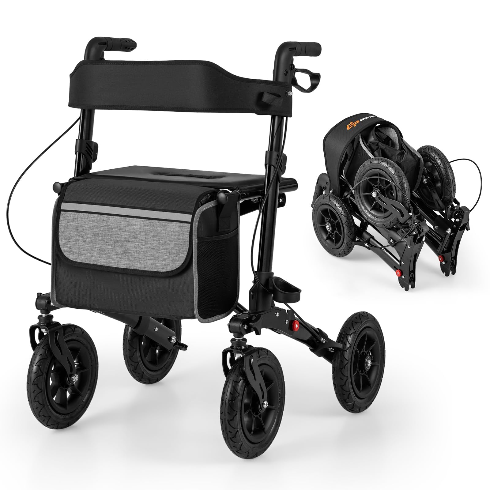 FANTASK Andador de viaje 2 en 1 para silla de ruedas y de viaje, color negro con sistema de ajuste de altura, andador de aluminio con diseño plegable, silla de ruedas con bolsa y soporte para bastones