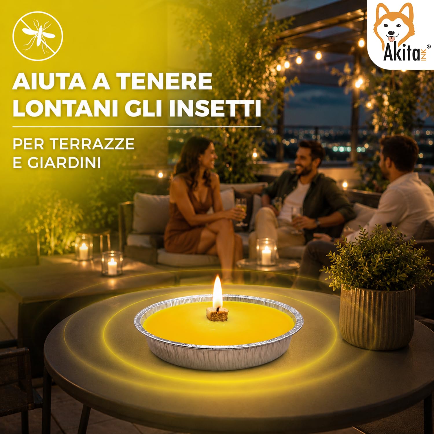 Akitaink Candele Citronella Antizanzare Esterno, Set da 5 Pezzi | Fiaccole Ø 14 cm, Ciotola di Alluminio, Disponibili in Set da 5 o 10