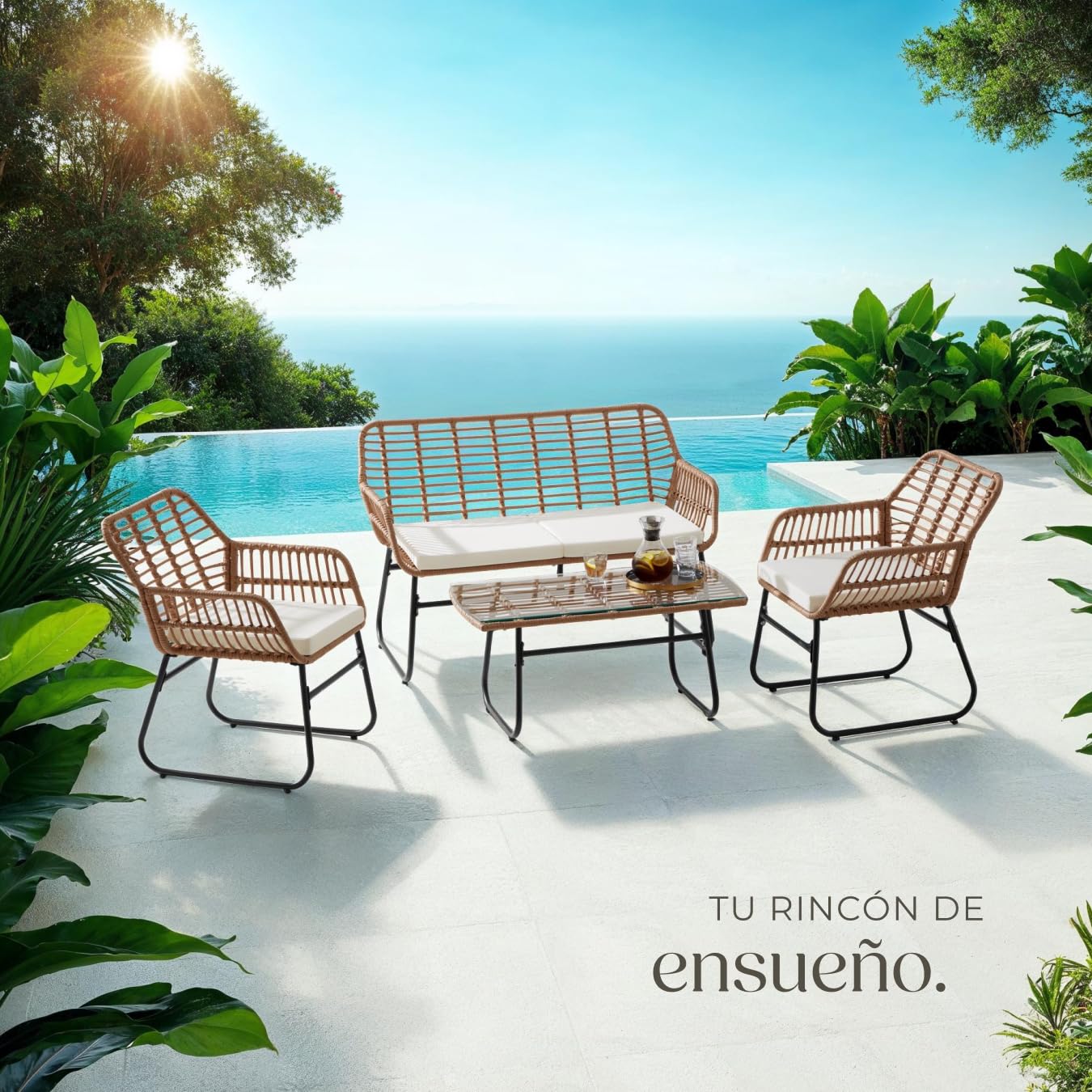tectake® Juego de 4 Piezas de Polirratán, 1 Banco Jardín Cap. Carga: 250 Kg, 2 Sillas Cap. Carga: 120 Kg 1 Mesa con Tablero de Cristal de Seguridad, Resistente a Intemperie, Patas Atornillables
