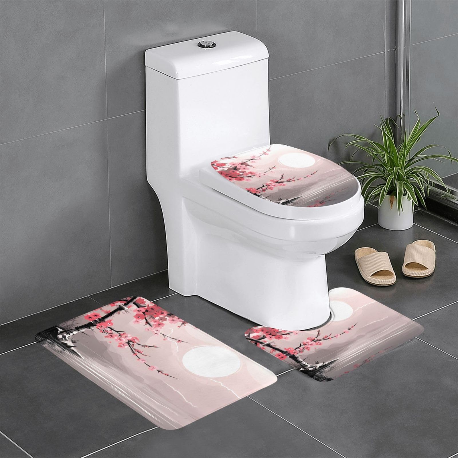 Tapis de bain en bambou lot de 3 avec fleurs de cerisier antidérapant