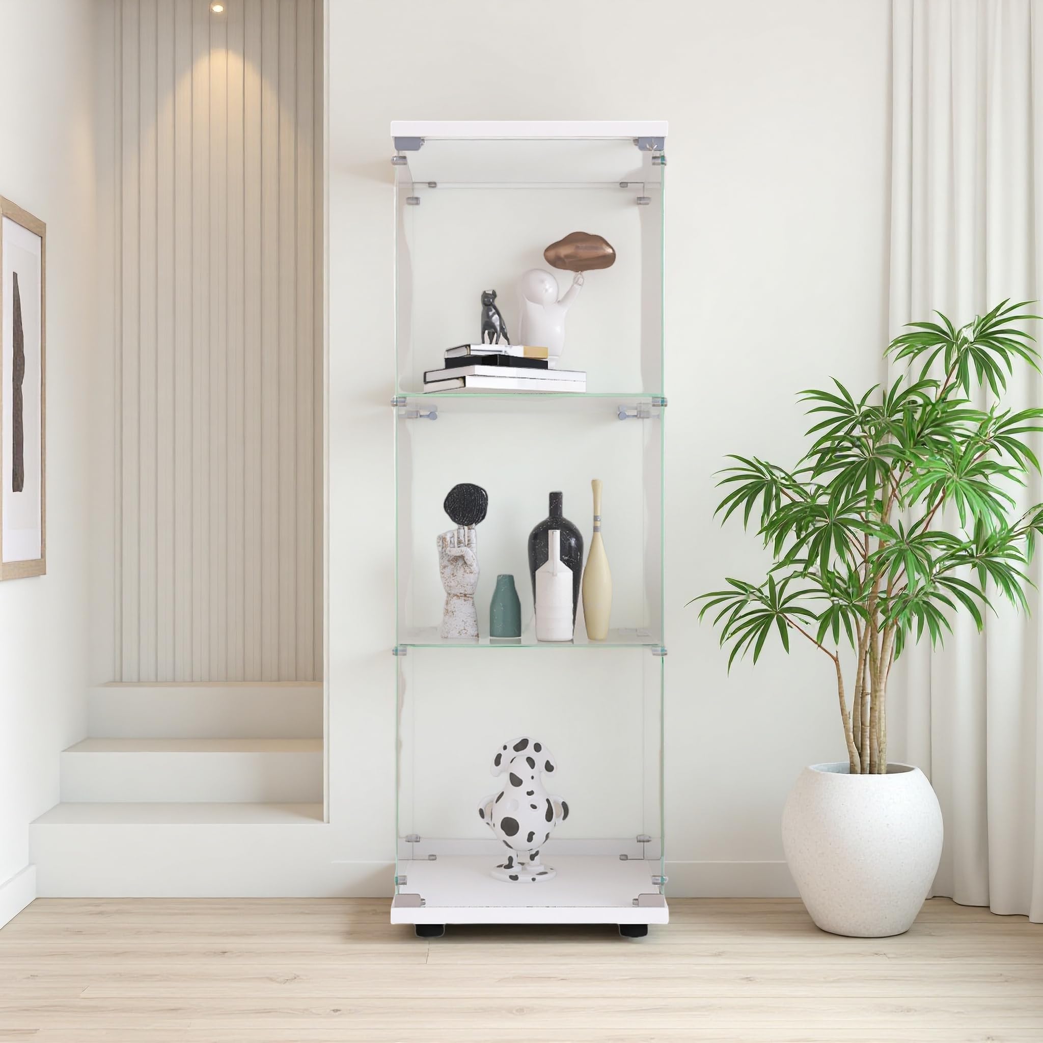 Vitrine en Verre Debout 36x42x125cm, Armoire de Rangement en Verre sur Pied, 3 Étagères, Vitrine pour Collection avec 1 Portes et Serrure, pour Bar, Cuisine et Salon (Blanc)