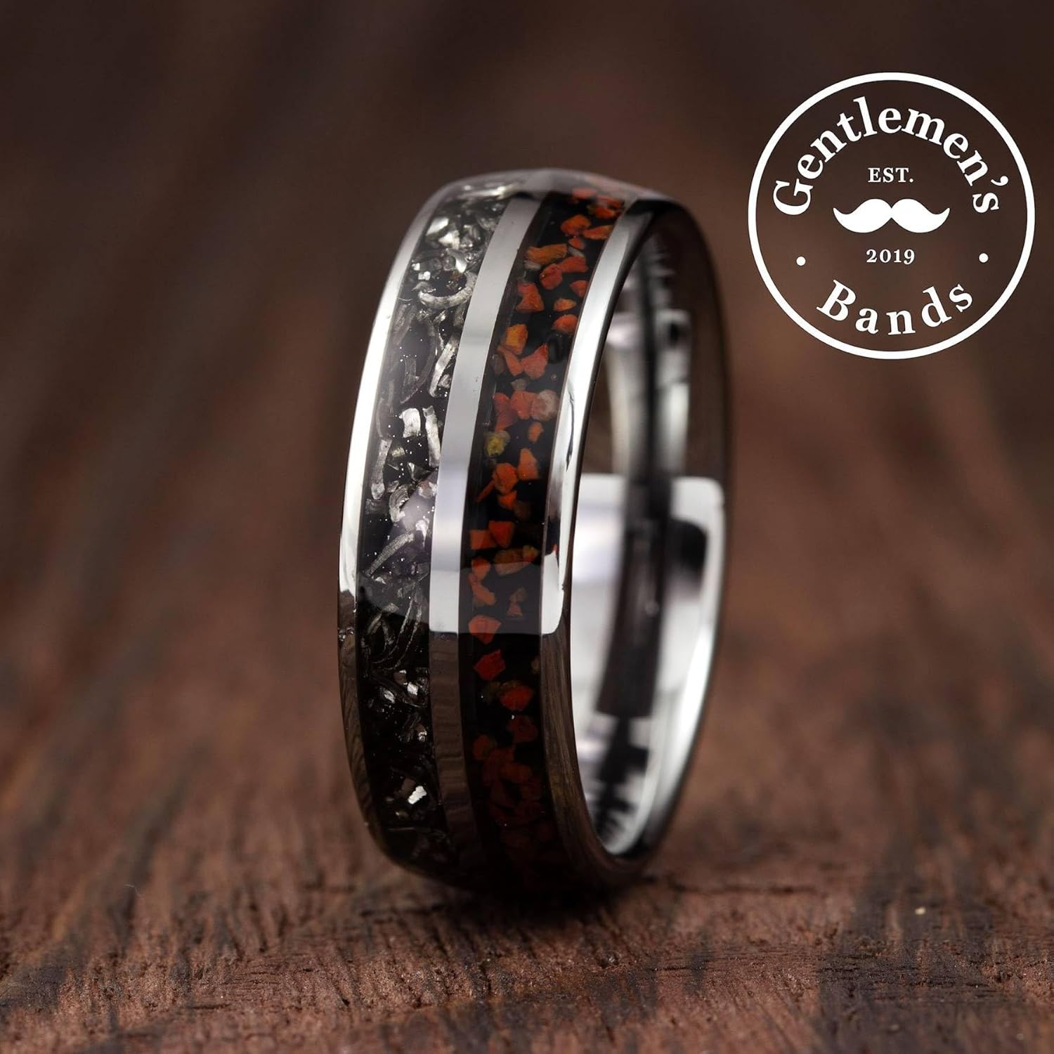Gentlemen's Bands Premium Silver Tungsten Wedding Band with Dinosaur Bone & Meteorite Inlay | Wedding Ring Is Ideal Gift | Package Includes Silicon Band, Walnut Ring Box, Leather Pouch - Image 7