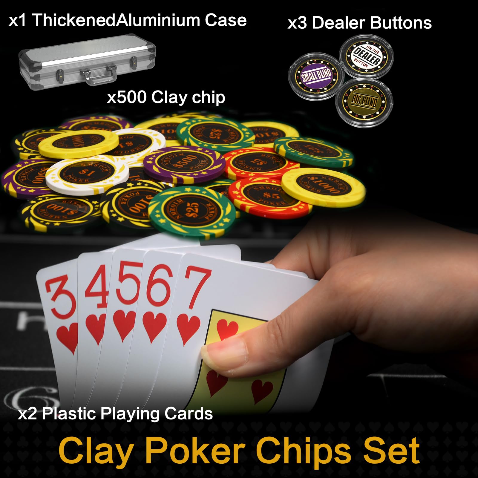 Juego de fichas de póquer de arcilla de 13,5 gramos, fichas de casino Texas Hold'em, 2 barajas de cartas, botones de distribuidor de caja de aluminio, para juegos de póquer de blackjack (500