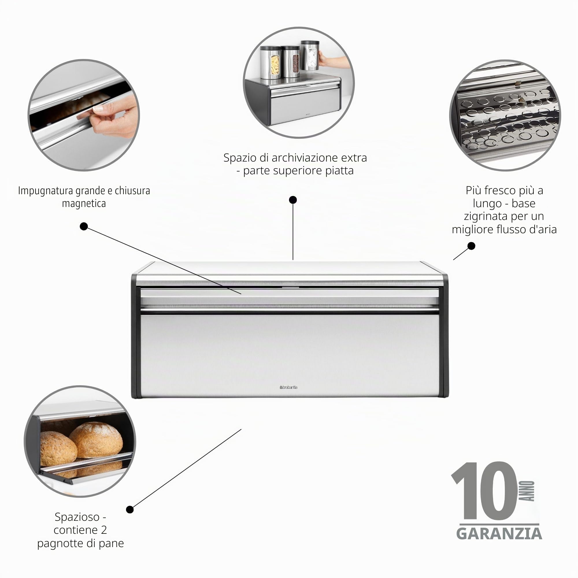 Brabantia Fall Front Portapane, Grande Contenitore da Banco per Pane, Bagel, Panini, Design Salvaspazio con Piano d'Appoggio, Matt Steel