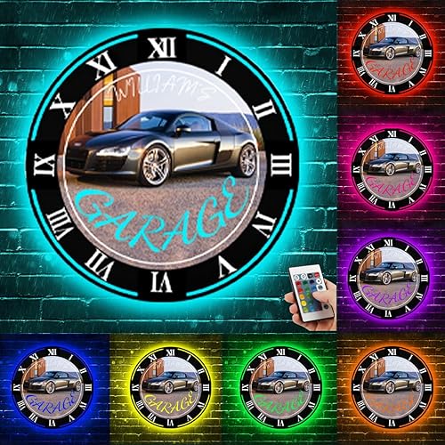 Miniatura 4 de Attention Reloj de pared personalizado con foto para automóvil, luz de reloj de pared de garaje con nombre personalizado, reloj de pared de garaje