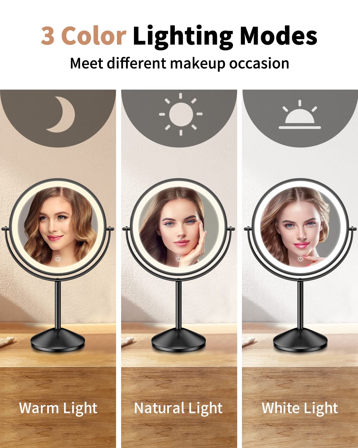 Gospire Specchio da trucco illuminato da 8 pollici con ingrandimento 10X/1X, 3 luci di colore | Regolazione della luminosità, rotazione a 360°, doppio lato, ricaricabile, senza fili, specchio cosmetico a LED per trucco