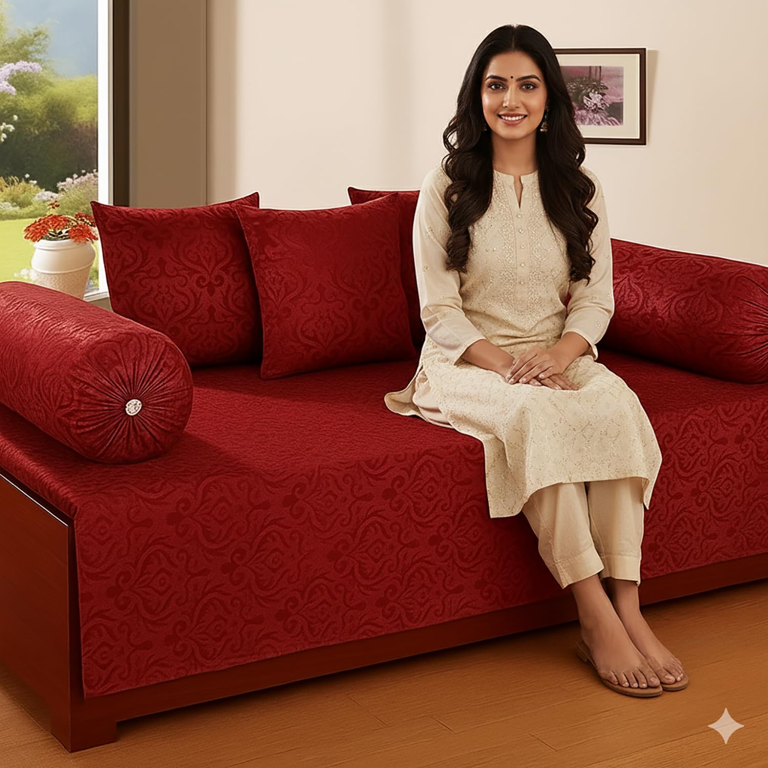 Luxury Damask Velvet 6 Piece Diwan Set for Living Room | Soft Velvet Diwan Bedsheet with 3 Cushion Covers & 2 Bolster Covers | Elegant Sofa Day Bed Décor Set (228x152 cm, Maroon-image-30