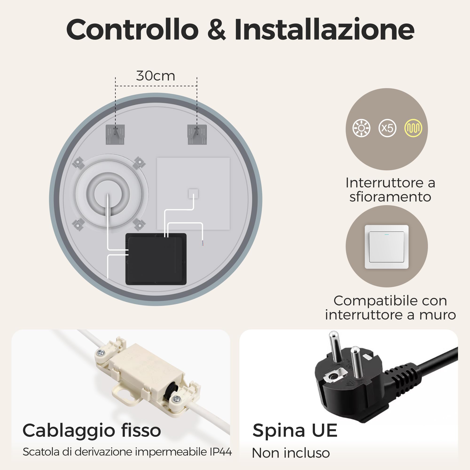 STARLEAD Specchio da bagno rotondo da 80 cm, con illuminazione, Bluetooth, lente d'ingrandimento 5x