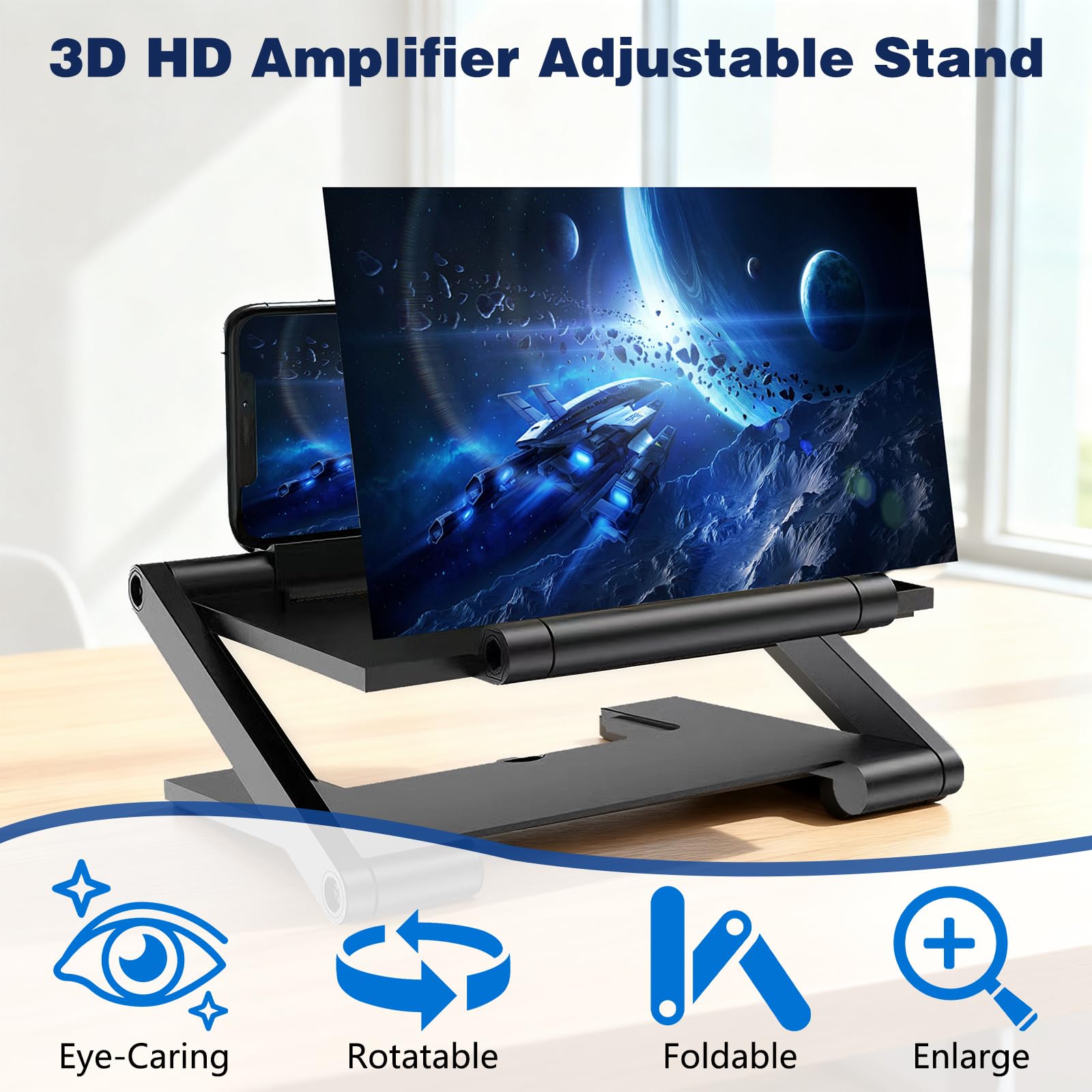 Mobile Phone Magnifier Screen, 2026 New 3D HD Magnifying Projector Screen Enlarger for Movies, Videos and Gaming, Foldable Phone Stand with Screen Amplifier, Compatible with All Smartphones (Black)