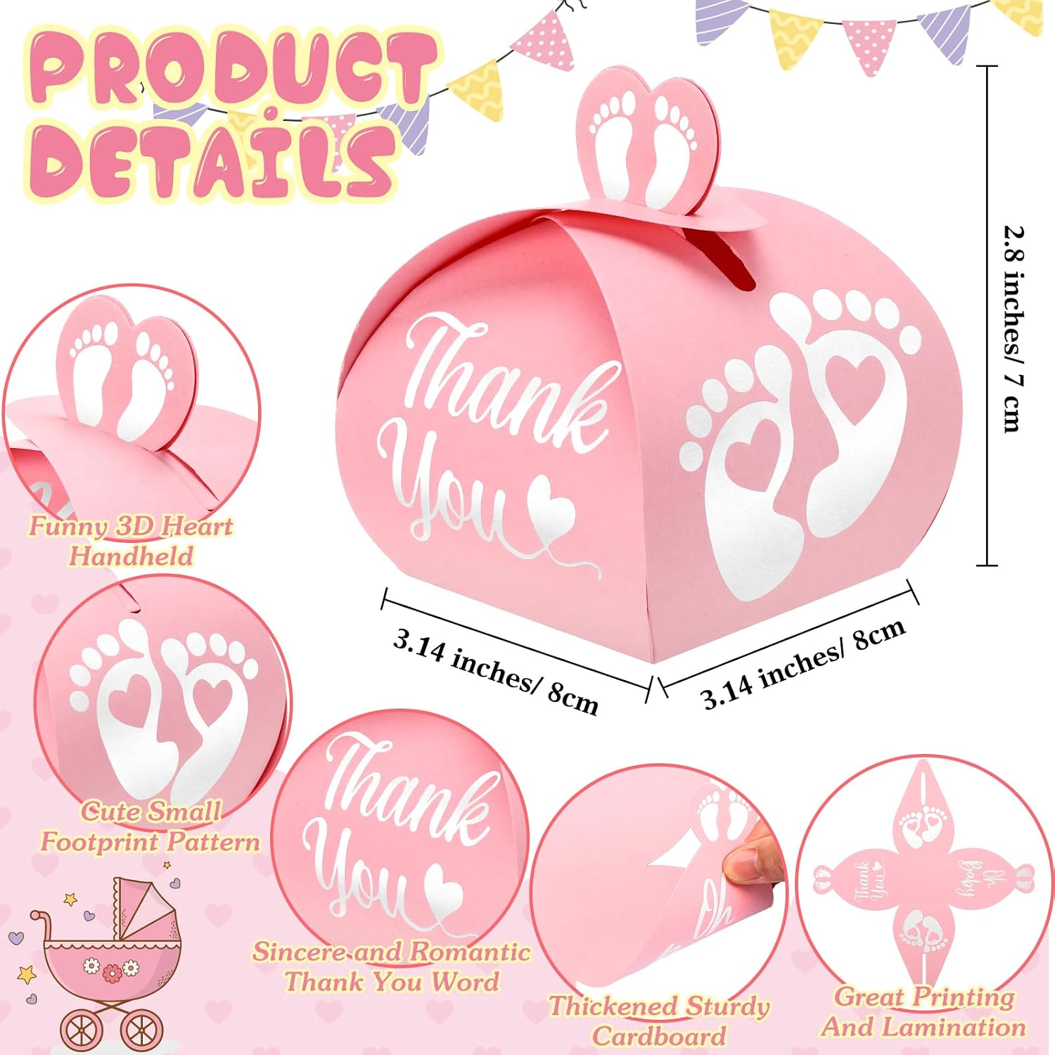Humyoun 30 Pcs Baby Shower Thank You Gift Box Footprint Small Candy Treat Boxes Heart Favor Bags with White Gold Foil Printed for Guest Baby Shower Gifts Neutral Gender Reveal Favors (Pink) image 3