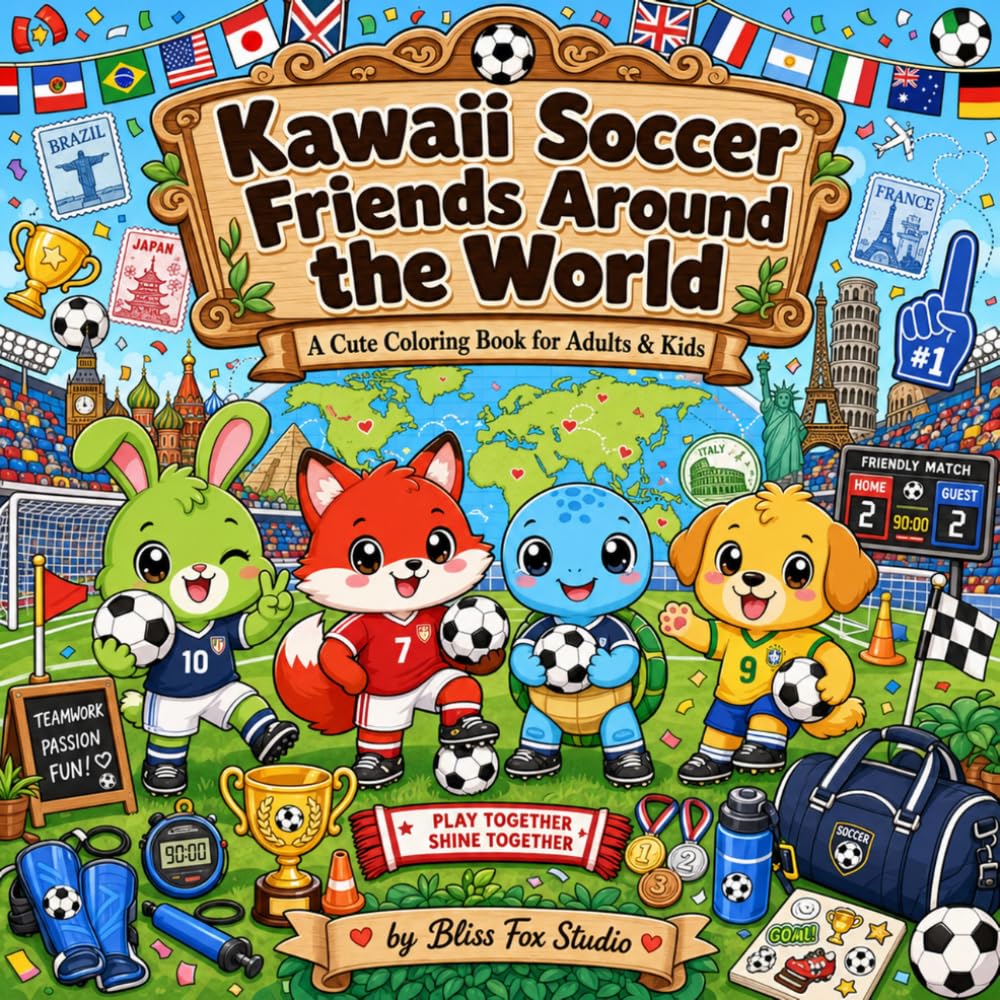 Kawaii Soccer Friends Around the World: A Cute Coloring Book for Adults & Kids