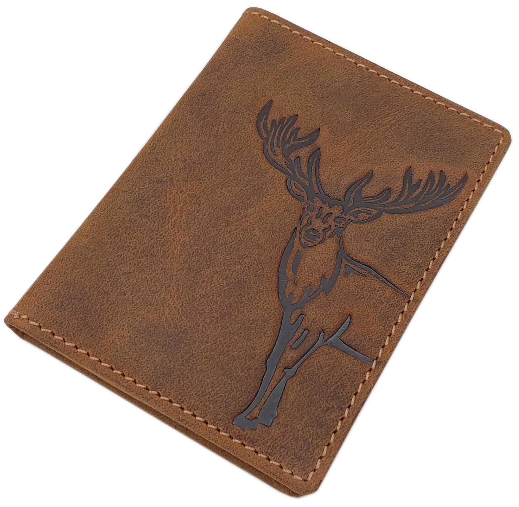 myledershop Etui ze skóry bawoła licowego na dowód osobisty, etui na dowód osobisty, etui na karty kredytowe, motyw jelenia, ochrona RFID i NFC, w kolorze brązowym
