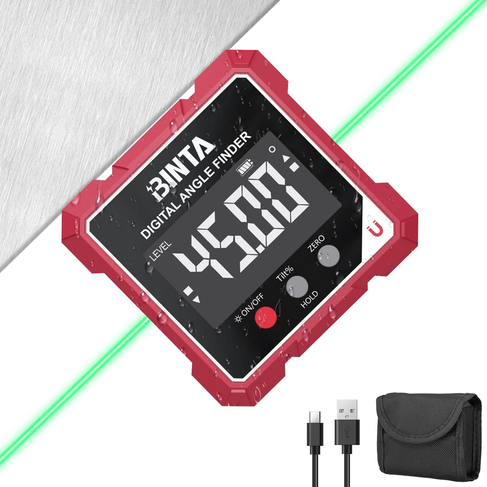 BINTA Digital Angle Finder with Green Laser, 4-Side Magnetic Angle Gauge — image 1