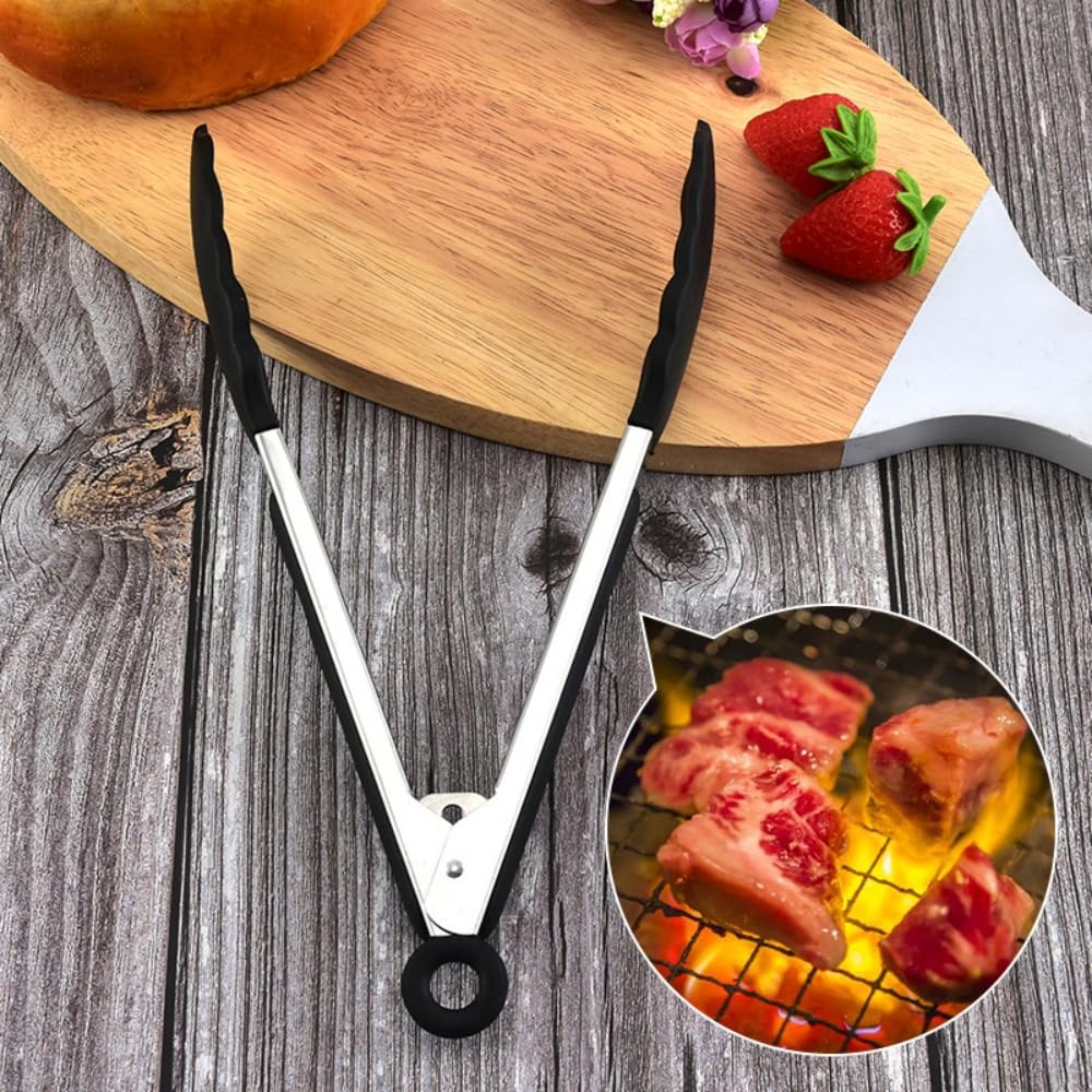 Set Da 3 Pinze Da Cucina In Acciaio Inox Con Punta In Silicone - Dimensioni 7, 9 E 12 Pollici - Per Barbecue, Insalate E Cottura, Con Meccanismo Di Blocco E Anello Per Appendere - 3