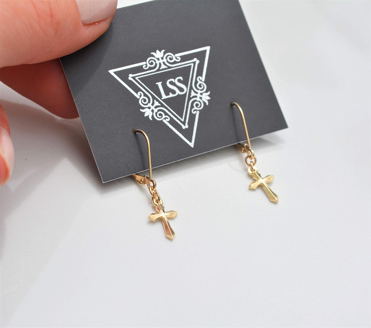 Small Dangle cross earrings solid 14K Gold or Sterling Silver, mens earrings/womens earrings – Handmade in the USA - Image 4