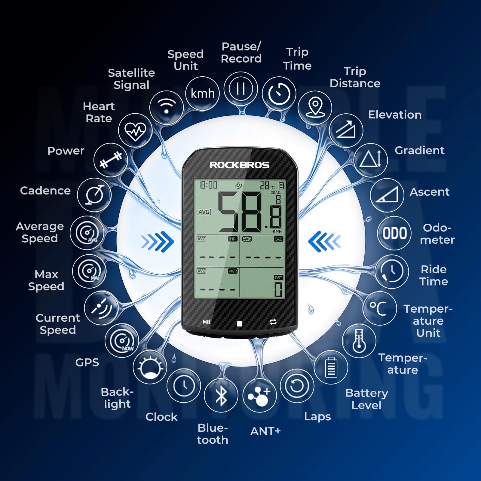 Komputer rowerowy ROCKBROS GPS z wyświetlaczem LCD o przekątnej 2,9 cala, ANT+ i Bluetooth 5.0