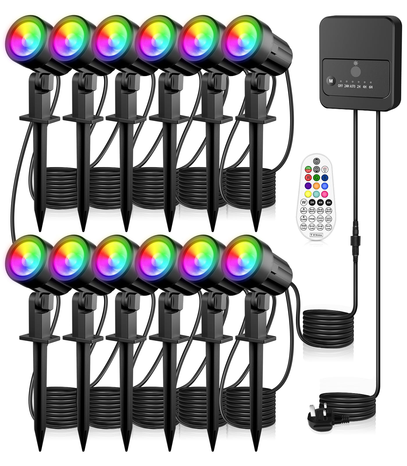 MEIHUA RGB Garden Spotlights Mains Powered, 35m 12-in-1 Color Changing Outdoor Garden Lights IP66 Waterproof Decorative Pathway Spike Light LED Landscape Lights for Yard Patio Lawn Tree with UK Plug