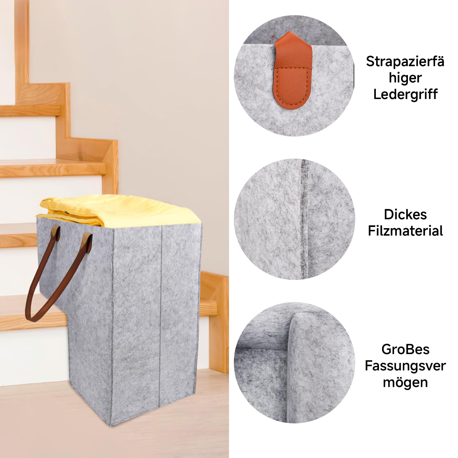 Cesta para escaleras, cesta de fieltro para escalones, organizador de escaleras en forma de L, cesta para escaleras con asas, cesta plegable para escalones, elegante almacenamiento con práctico mango