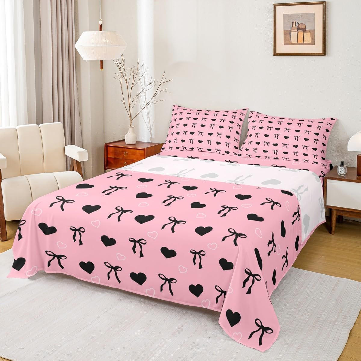 jejeloiu Bow Tie Bed Sheets Set Queen Size Heart Love 4 Pieces Sheet with 16" Deep Pockets for Kids Boys Girls Decor Bow Bedding Pink Black Romantic Bedroom Decor