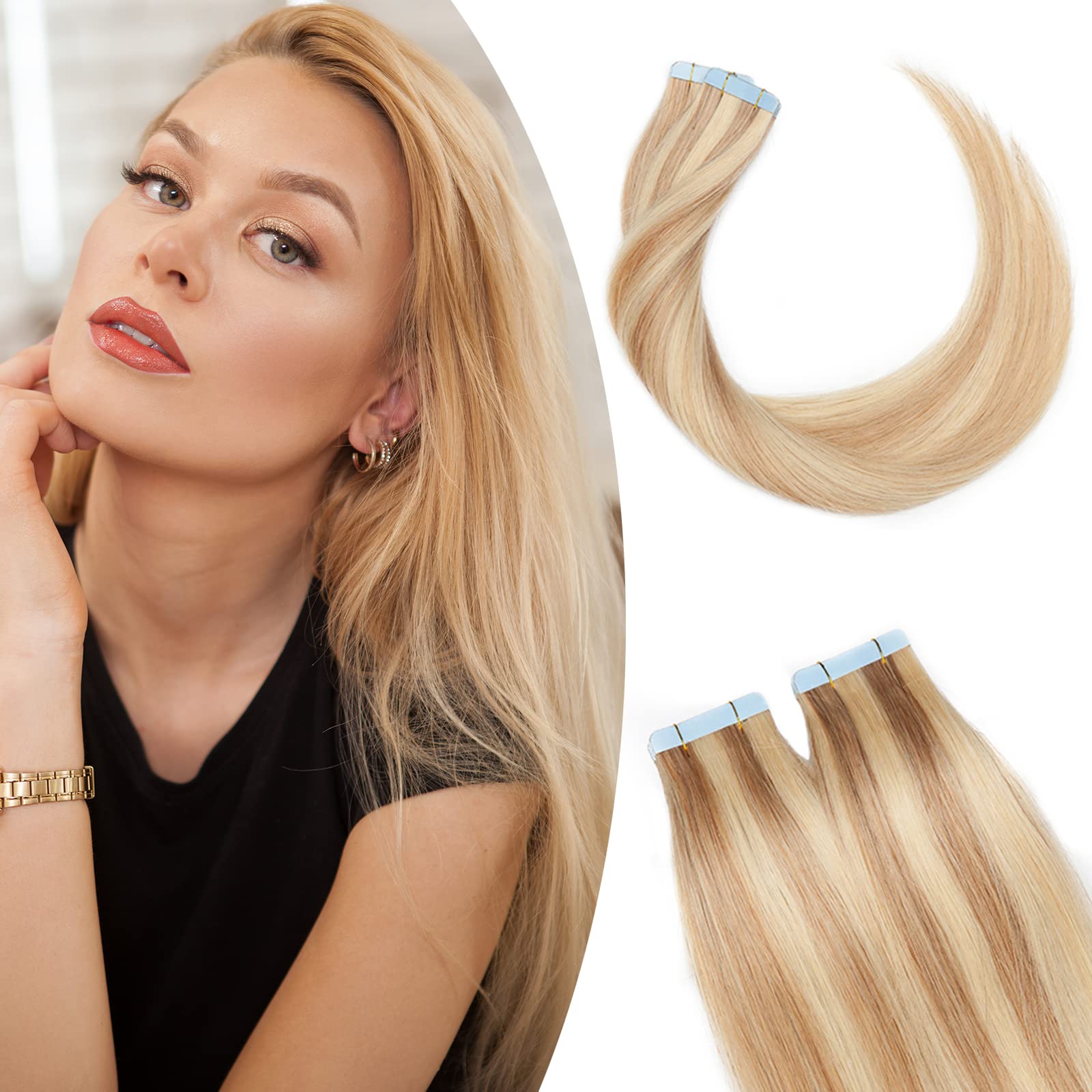 12"(30cm) SEGO 10PCS Extensiones Adhesivas Naturales Pelo Humano sin Clip [#4/27 Castaño Chocolate/Rubio Oscuro] Cabello 100% Remy Liso Balayage Tape in Human Hair (20g) — view 38
