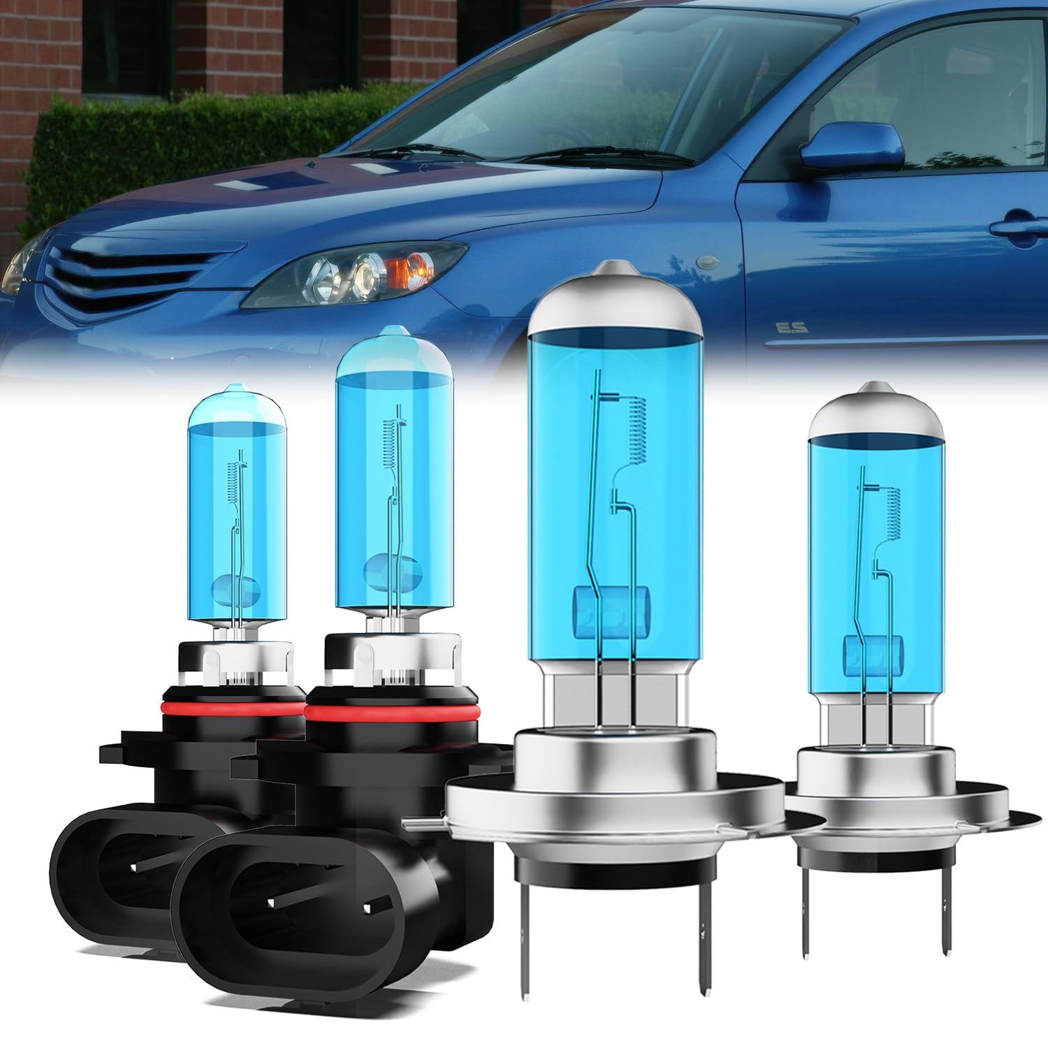 Headlight Bulbs Compatible With Mazda 3 2004-2006, 9005 High Beam + H7 Low Beam Halogen Light Bulb Combo, Super Bright 6000K White, Plug and Play, Pack of 4