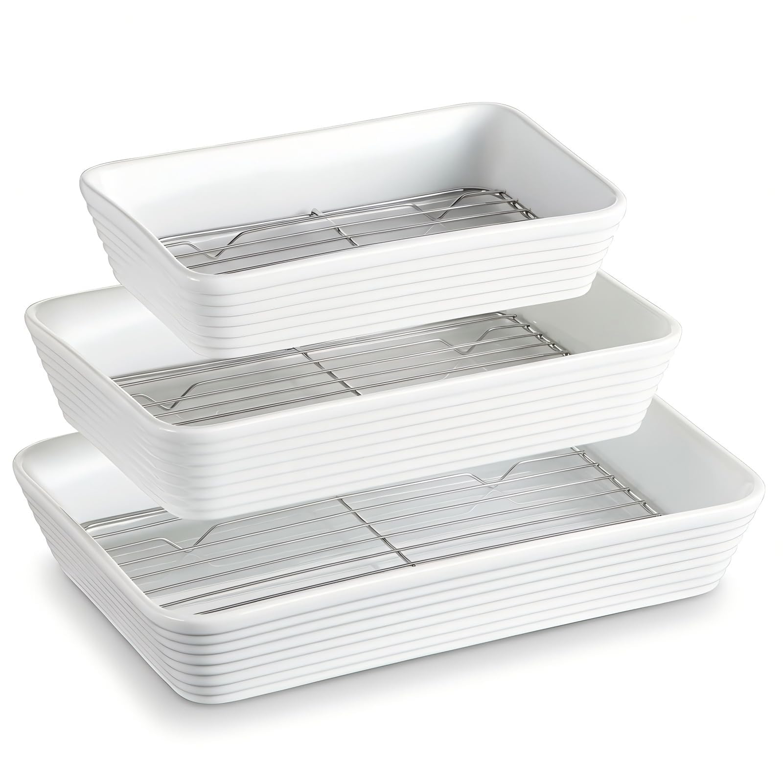Photo 1 of **Only Two** ONEMORE Baking Dishes for Oven, 9x13 Large Casserole Dishes for Oven with Roasting Racks, Rectangular Ceramic Baking Dish Set of 3 for Cooking & Serving, Deep Dish Lasagna Pan (3QT/2.1QT/1.3QT)