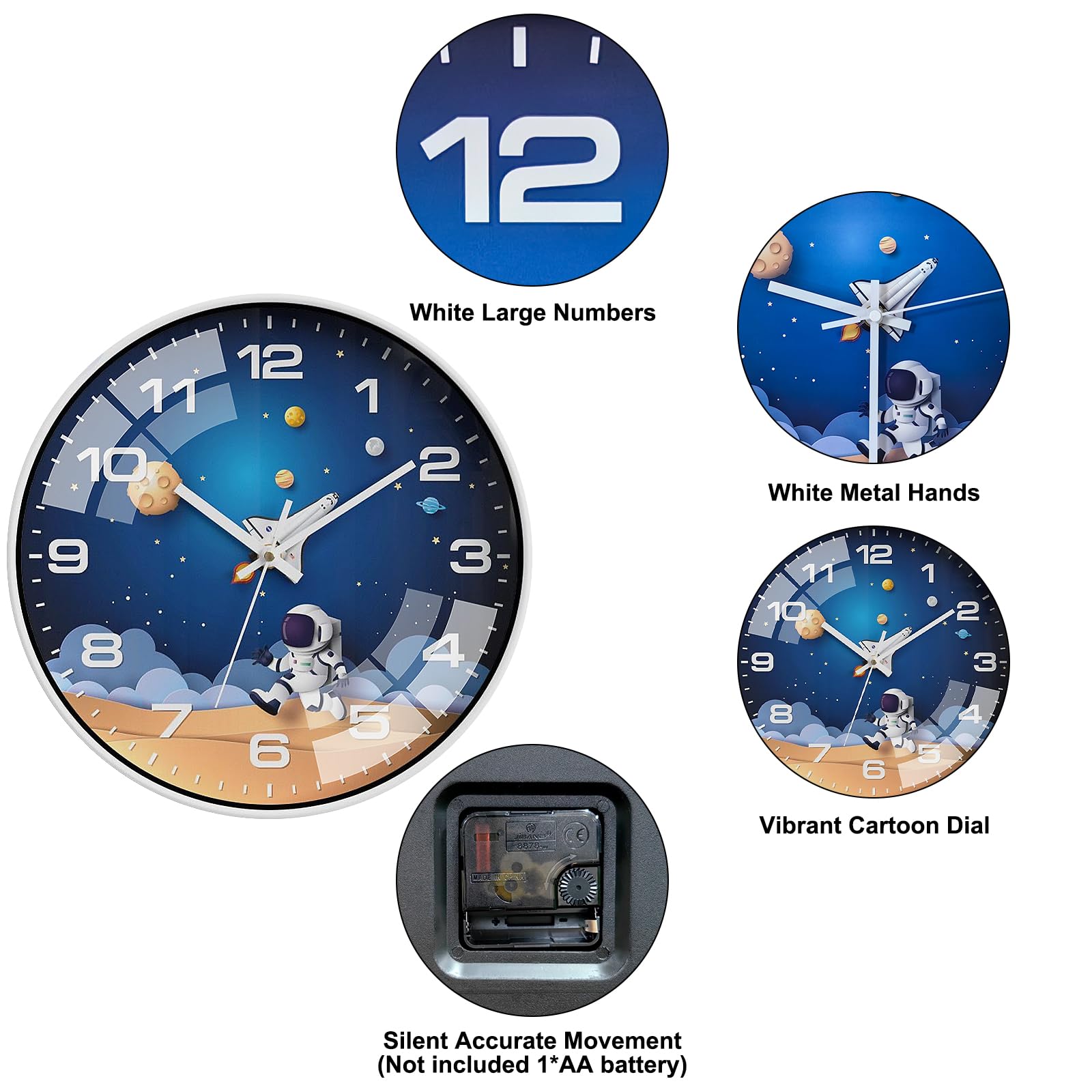 30cm Orologio da Parete per Bambini, Orologio al Quarzo Silenzioso Senza Ticchettio Orologio da Parete per Bambini Astronauta Viaggio Spaziale per camera da letto, aula, cameretta