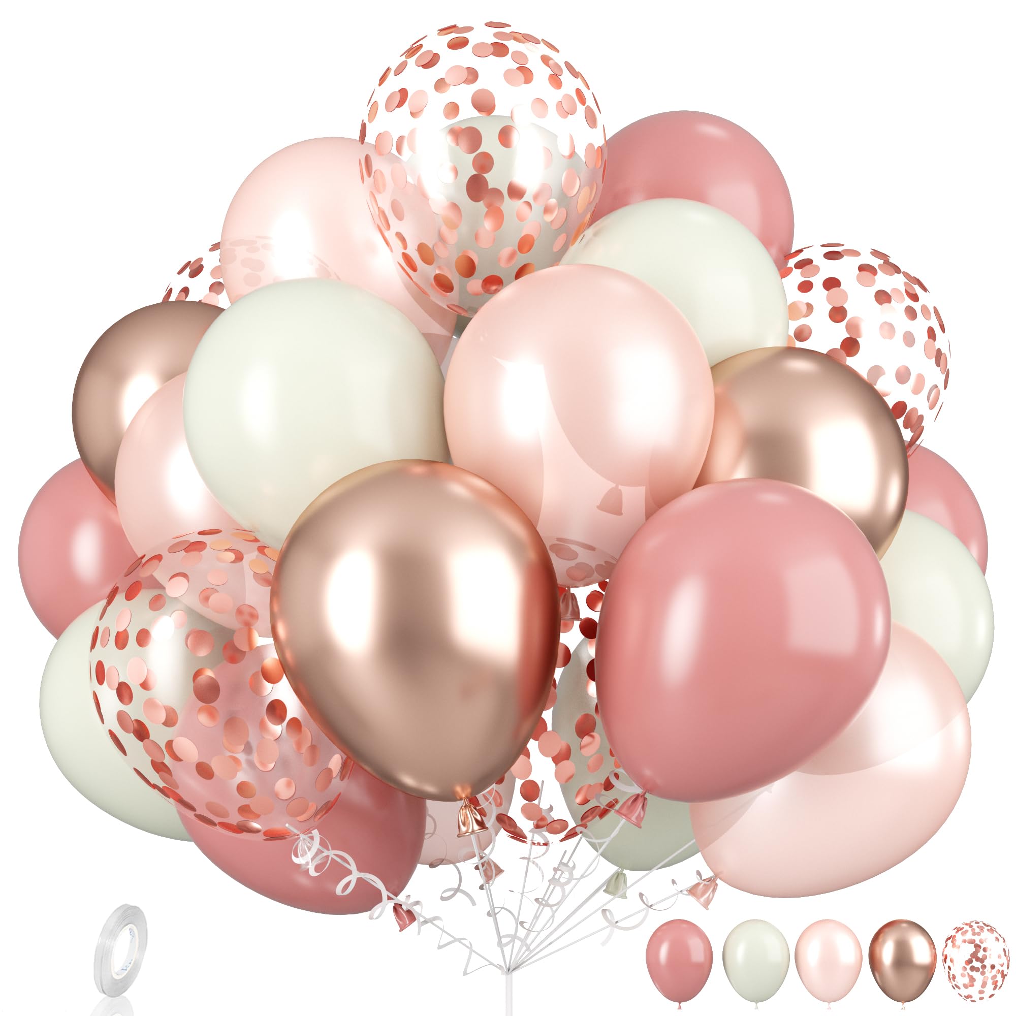 Dusty Pink Boho Blush Balloons, Metallic Rose Gold Retro Pink Ivory White Balloon, Nude Cream White Balloons and Confetti Balloon for Bridal Baby Shower Girls Birthday Wedding Decorations Supplies