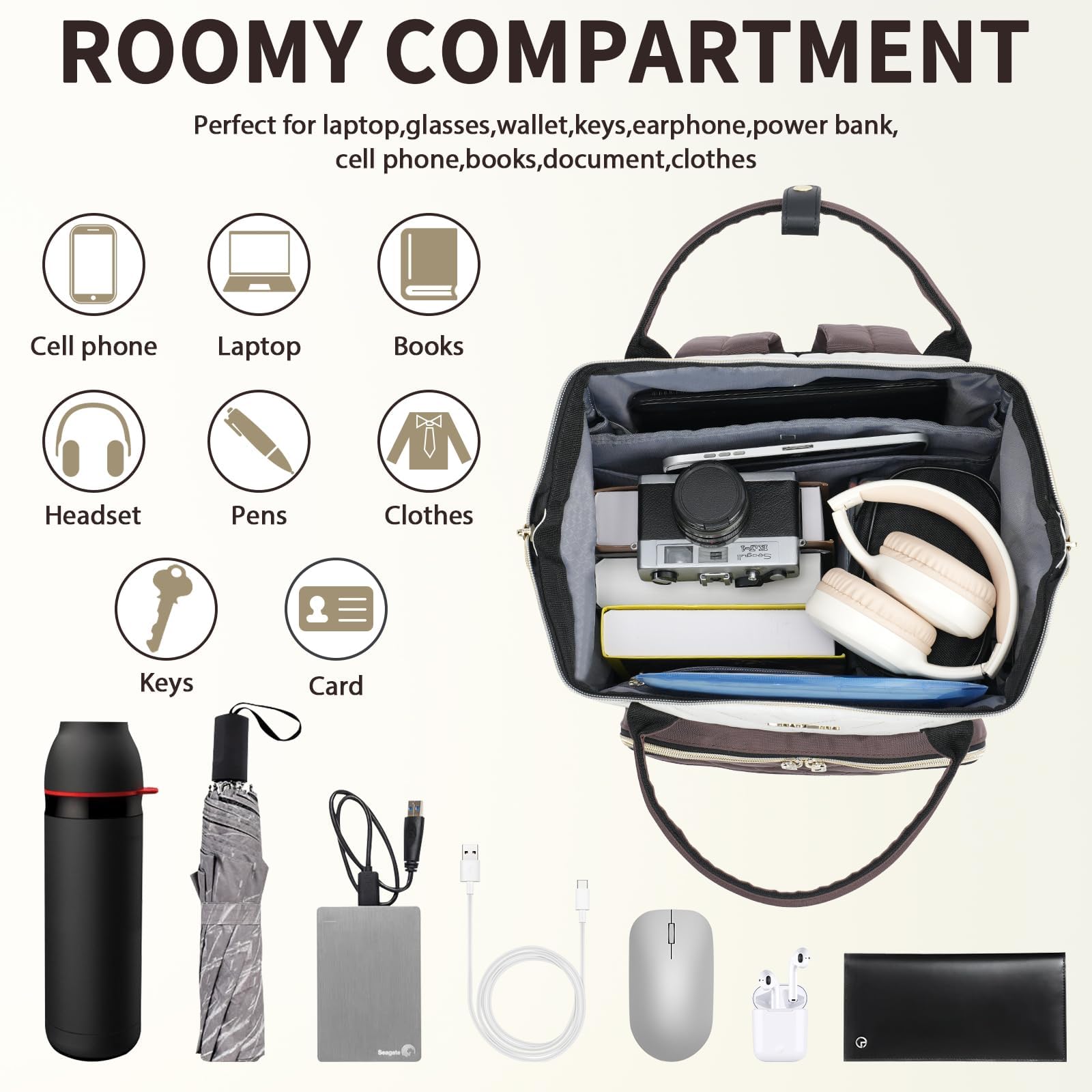VANKEAN Mochila para ordenador portátil para mujer, bolsa de trabajo 15.6" | mochila impermeable de gran capacidad, mochila escolar, mochila de viaje de negocios, Beige-café Mochilas tradicionales