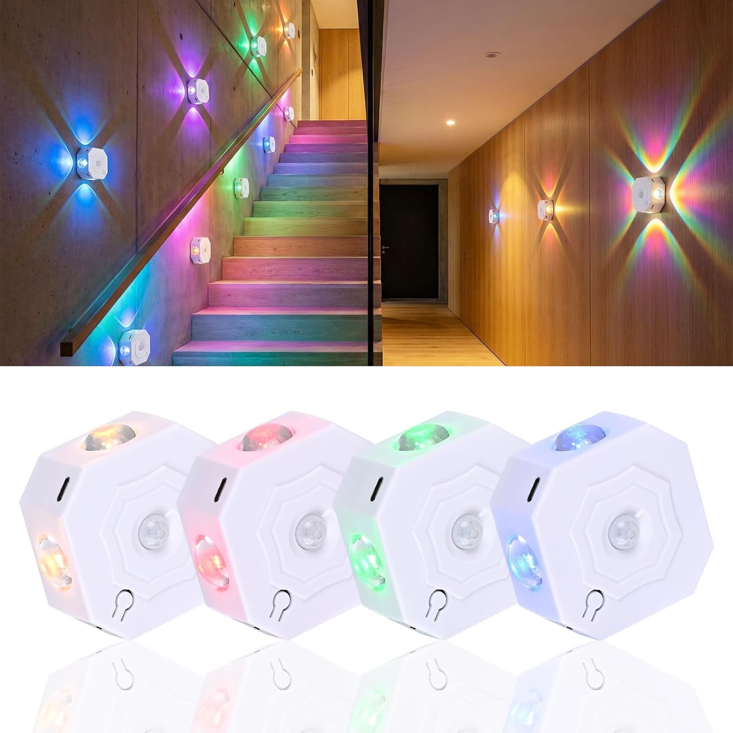 OOWOKS Luce notturna a LED con sensore di movimento 4 pezzi ricaricabile illuminazione per scale senza alimentazione elettrica, 2700K bianco caldo + RGB con cambio colore e 3 modalità (Auto/ON/OFF)
