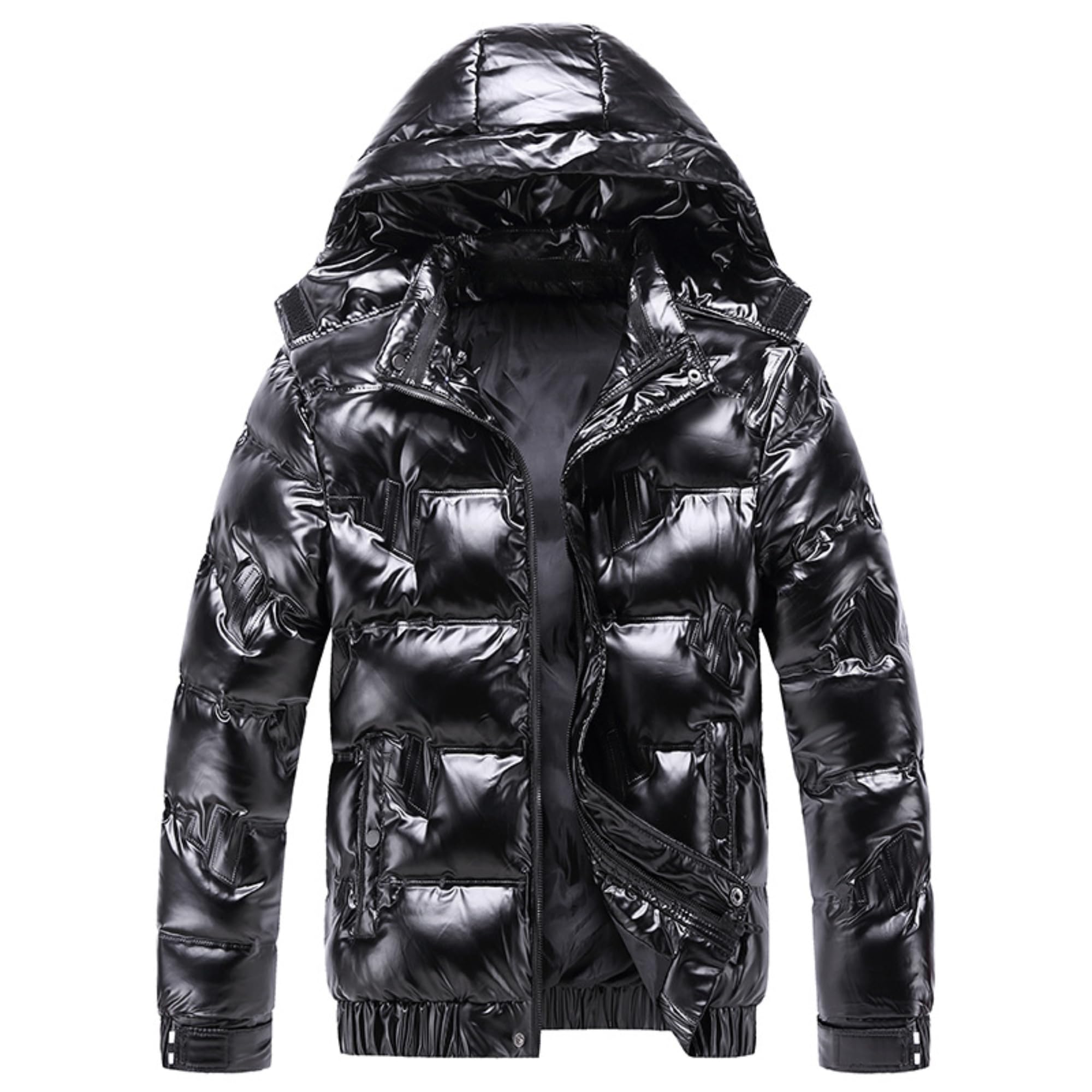 SWJGLITTR Men's Metallic Shiny Hooded Down Jacket Lightweight Warm Windproof Winter Outwear Casual Zip Bomber Puffer Coat