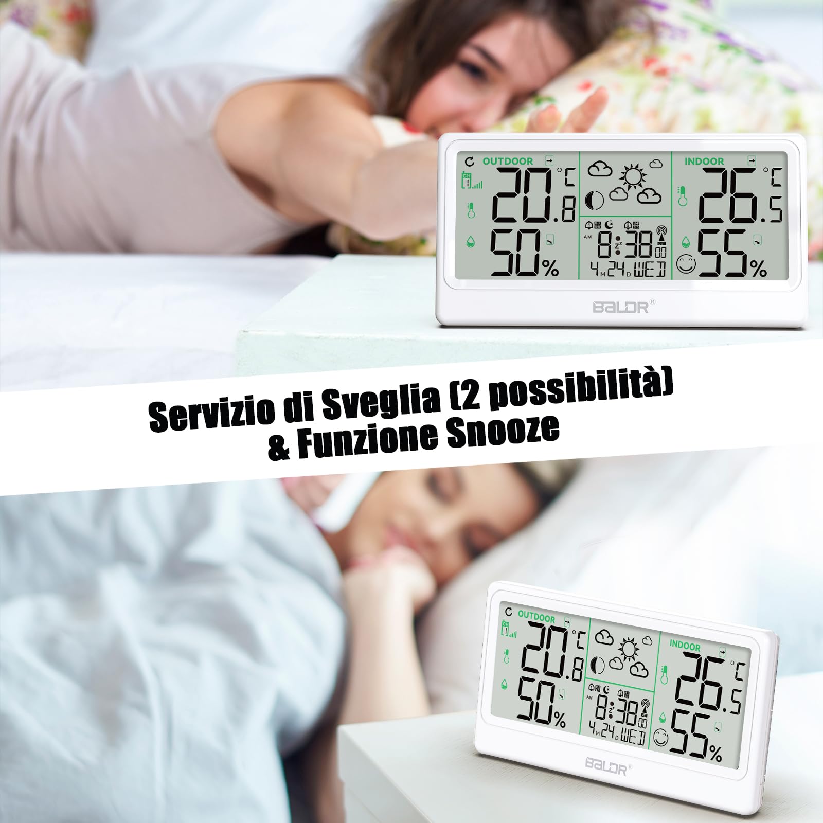 Stazione Meteo con Sensore Esterno,Thermometri e Igrometri Interni ed Esterni, 8,5''Stazione Meteorologica con RCC,Previsioni del Tempo, Fasi Lunari, Temperature Massime/Minime e Allerta Rischio Muffa
