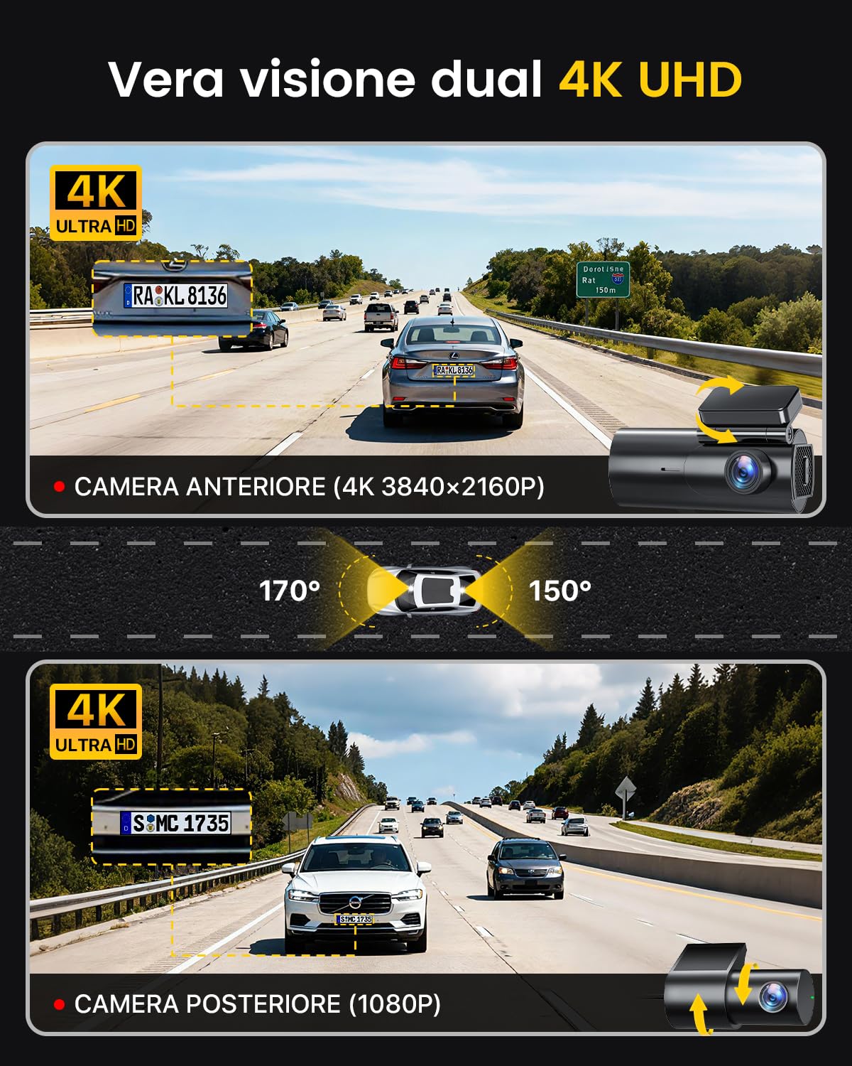 GKU Dash Cam Auto 4K/2.5K,Podwójna kamera samochodowa WiFi z kartą SD 64G,Dashcam Samochód 170° Szeroki kąt,Super Night Vision,WDR,G-Sensor,24H Monitor Parkowania,Nagrywanie pętli,Max 25 90G
