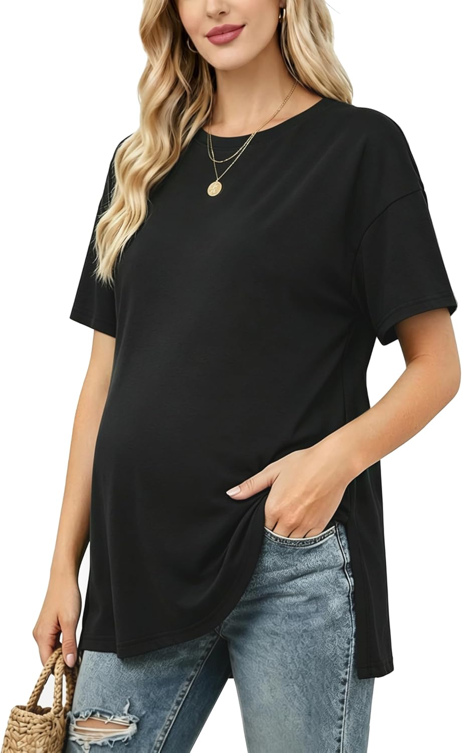 Liu & Qu Womens Maternity Shirts Short Sleeve Split Side Casual Pregnancy Clothes Crewneck Loose Maternity Tops