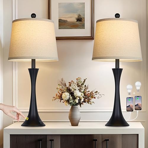 Miniatura 6 de 27.5" Table Lamps Set of 2, Touch Bedside Lamps with USB C+A Ports, 3 Way Dimmable Nightstand Lamps for Bedroom, Living Room, Office, Black Lamp
