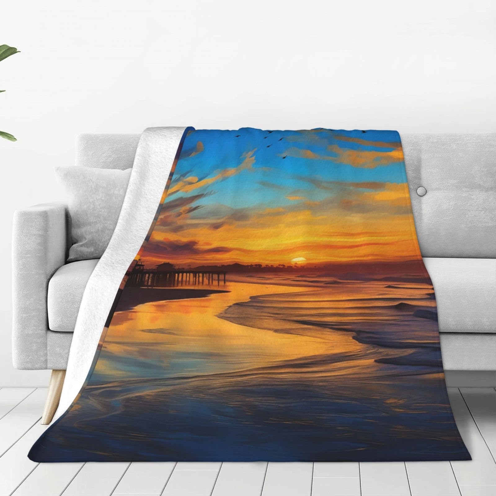 Blue Dusk Gold Sunset Throw Blanket for Couch, Plush Fuzzy Soft Flannel Blankets and Throws for Sofa, 40"x30" Bed Blankets for Travel Camping Chair, All Season Warm Fleece Blanket
