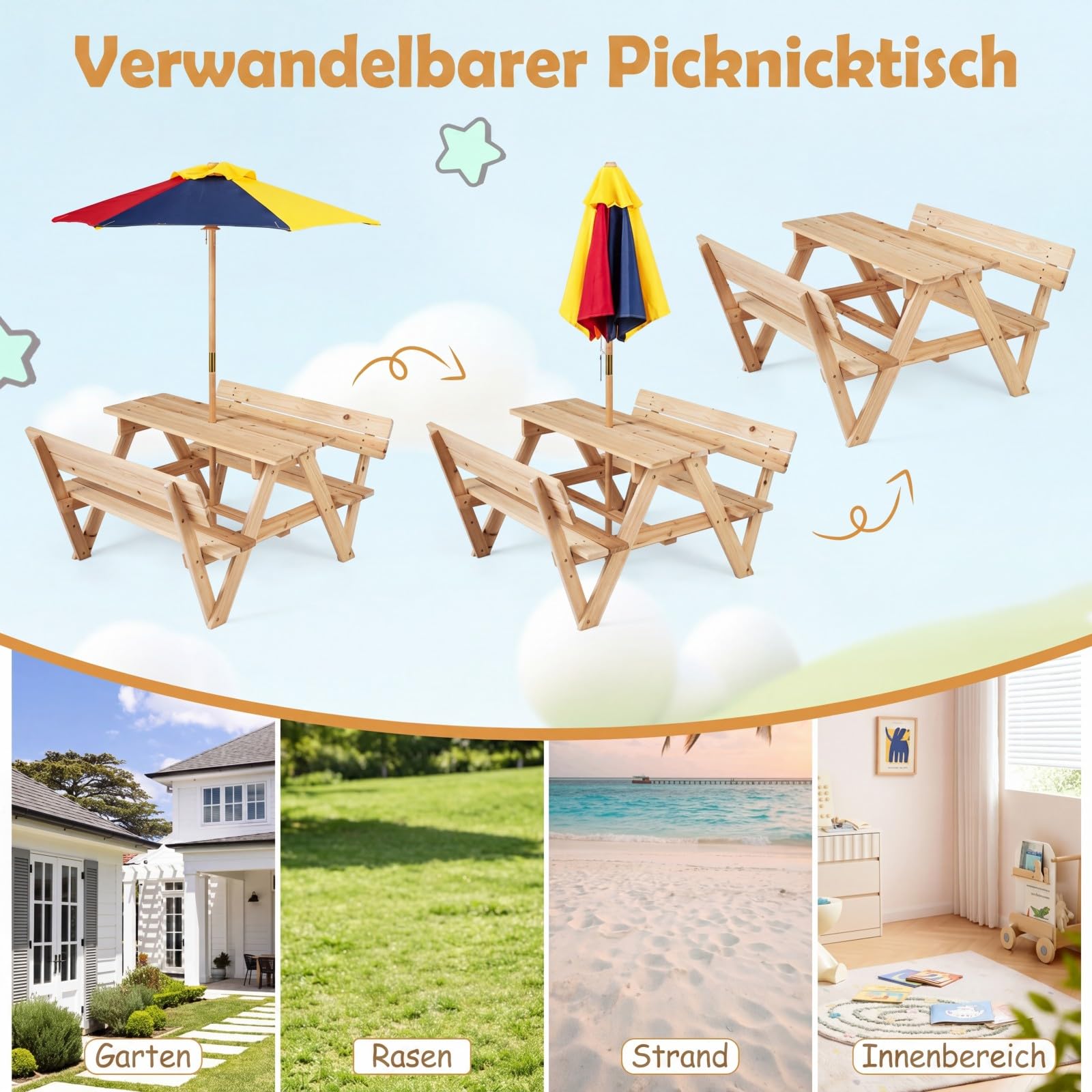 COSTWAY Kindersitzgruppe Outdoor mit Sonnenschirm, Picknicktisch Kinder mit Tisch & 2 Sitzbänken, Kindersitzgarnitur Garten für 4 Kinder, Sitzgruppe aus Tannenholz für Jungen & Mädchen ab 3 Jahren