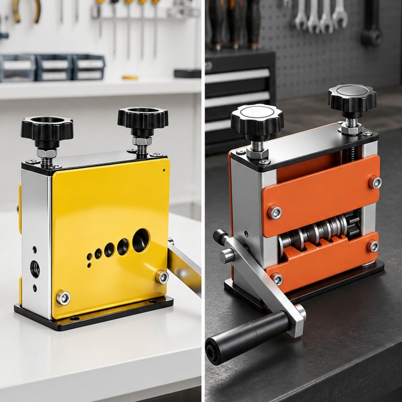 harayaa Máquina Peladora Cables Semiautomática con Base Metálica para Banco Trabajo con Rodillos Alimentación y Lateral para Eliminar, Amarillo
