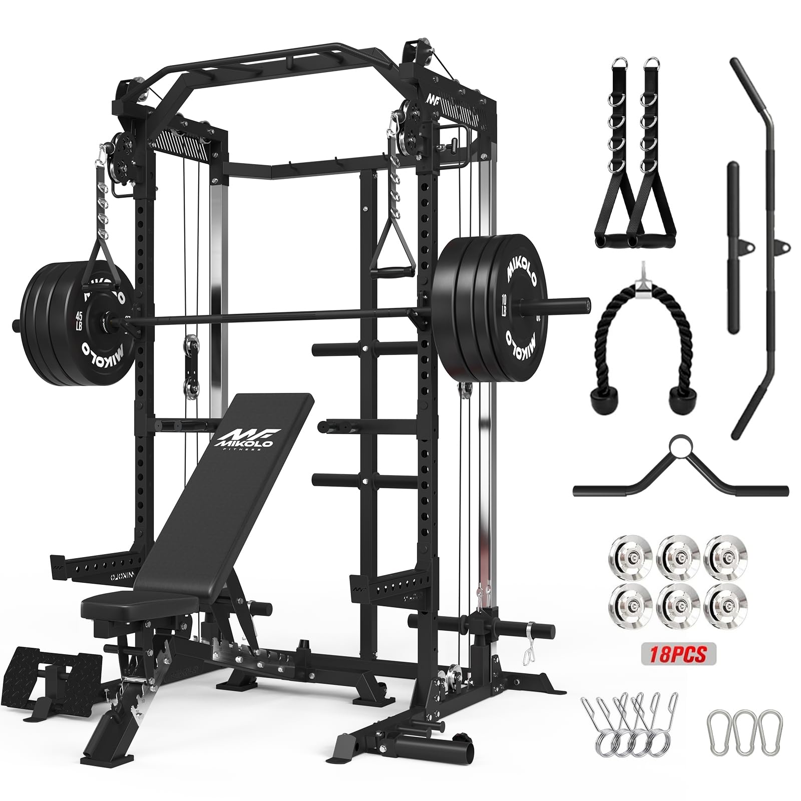 Mikolo HR06 Power Cage with Aluminum Pulleys, 2000LB Power Rack with Independent Dual Pulley System, Multi-Function Home Gym Workout Machine for Cable Crossover